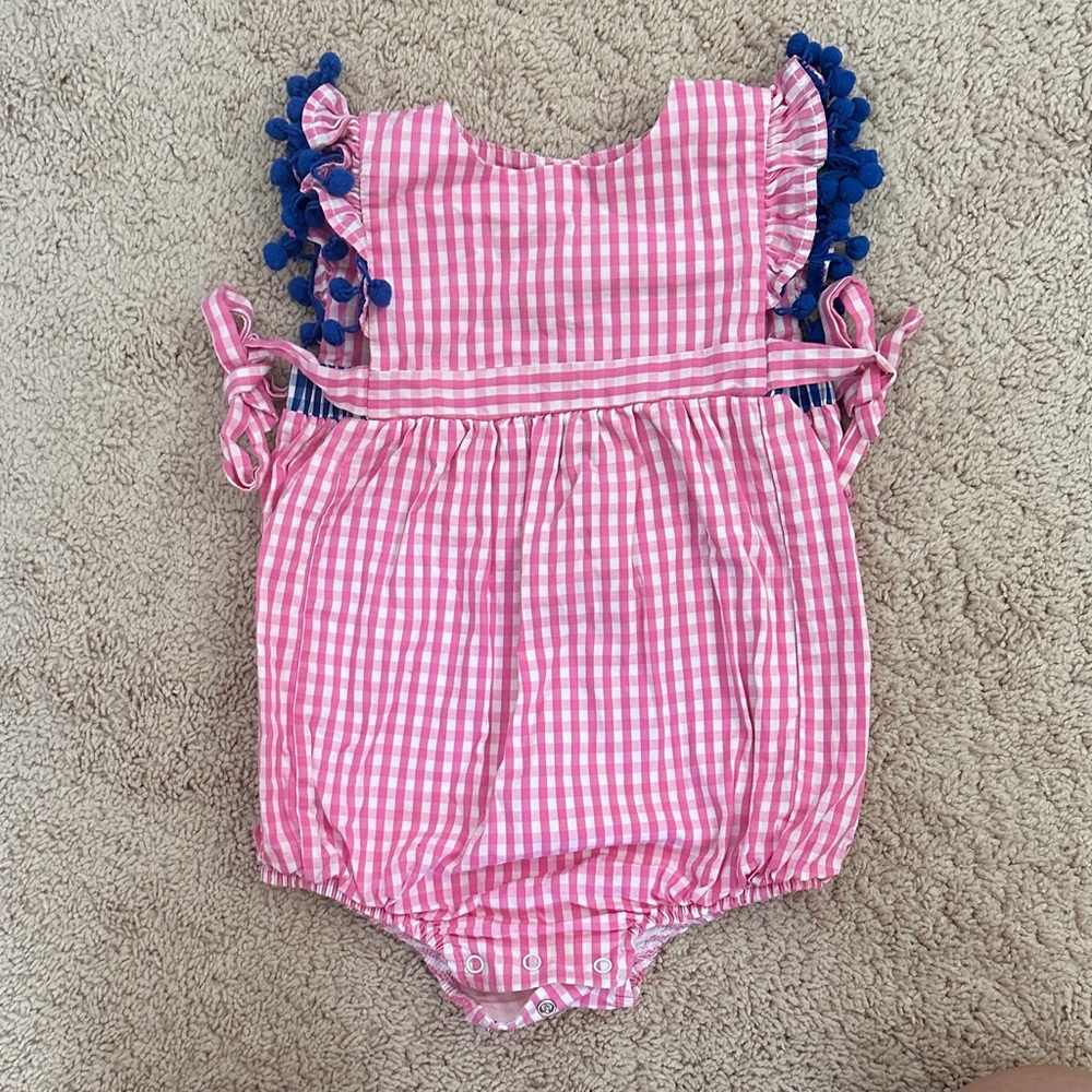 Pink Gingham Kids One Piece with Blue Accents